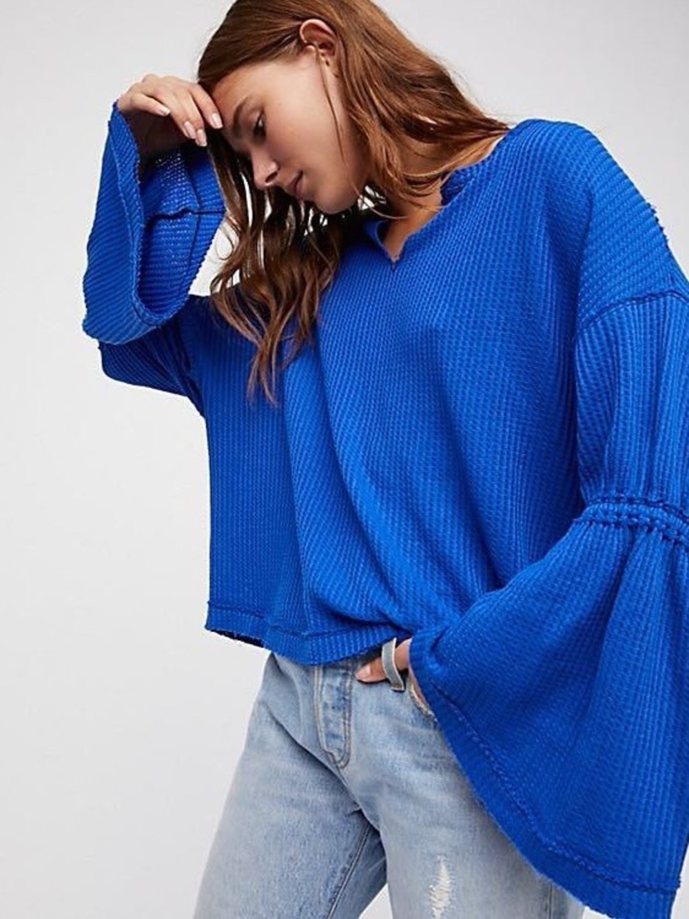 FREE PEOPLE Sapphire Blue Dahlia Cotton Blend Thermal Bell Sleeve Top S EUC